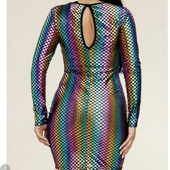 Long Sleeve Multi Foil Color Party Glam Midi Dress - Picture 3 of 5
